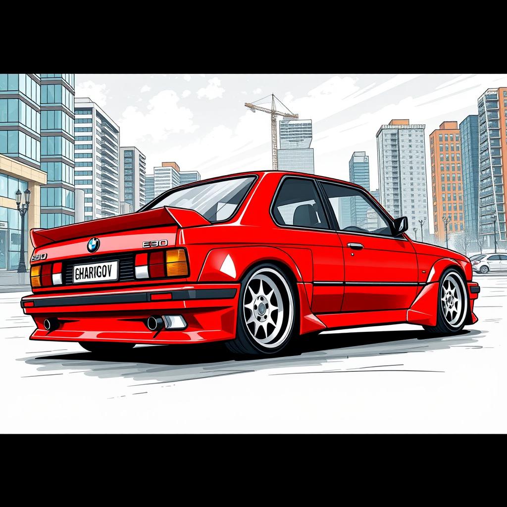 A bright red BMW E30 sedan with an aggressive sports style, featuring BBS wheels that extend over the wheel arches, creating a bold and dynamic appearance