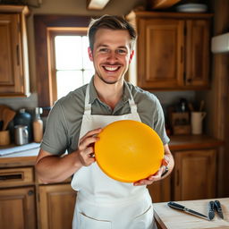 A cheerful man standing in a kitchen, holding a large wheel of yellow cheese