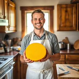 A cheerful man standing in a kitchen, holding a large wheel of yellow cheese