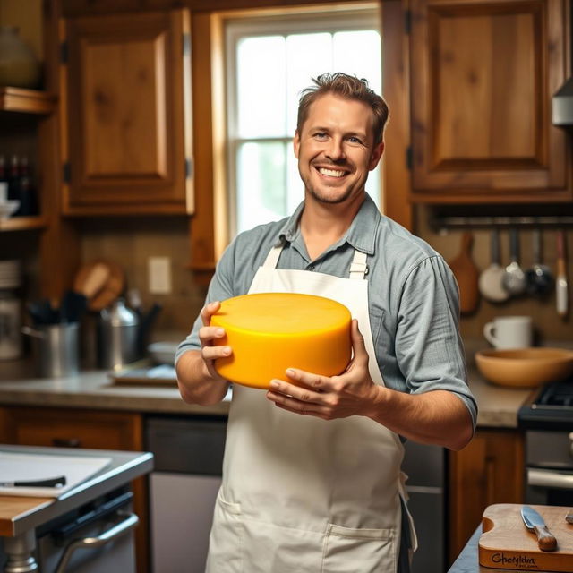 A cheerful man standing in a kitchen, holding a large wheel of yellow cheese