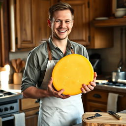 A cheerful man standing in a kitchen, holding a large wheel of yellow cheese