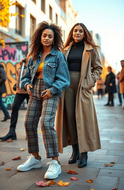 A vibrant street style fashion scene featuring diverse models showcasing contemporary urban outfits