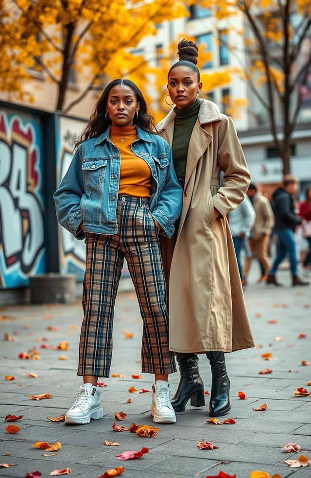 A vibrant street style fashion scene featuring diverse models showcasing contemporary urban outfits