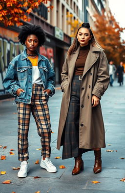 A vibrant street style fashion scene featuring diverse models showcasing contemporary urban outfits