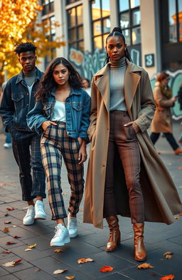 A vibrant street style fashion scene featuring diverse models showcasing contemporary urban outfits