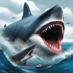 A colossal Godzilla-like shark devouring a megalodon.