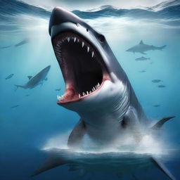 A colossal Godzilla-like shark devouring a megalodon.