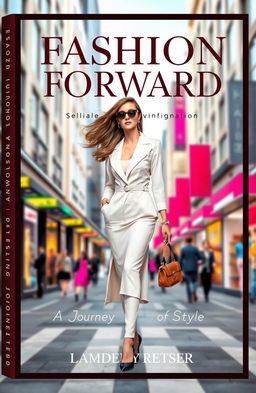 A stylish and chic book cover design featuring a fashionable woman in an elegant outfit, standing confidently on a bustling city street