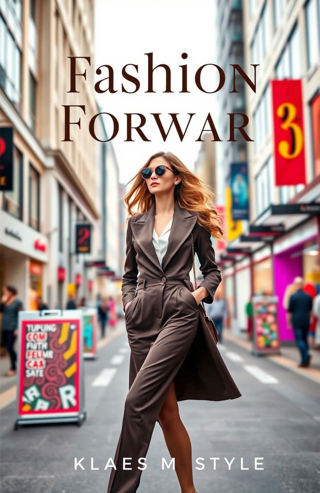 A stylish and chic book cover design featuring a fashionable woman in an elegant outfit, standing confidently on a bustling city street