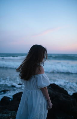 A melancholic scene featuring a girl standing near the shore, her hair blowing gently in the wind