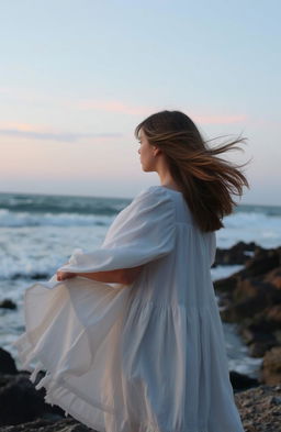 A melancholic scene featuring a girl standing near the shore, her hair blowing gently in the wind