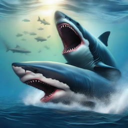 A colossal Godzilla-like shark devouring a megalodon.