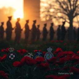 A solemn Remembrance Sunday scene in the UK, featuring red poppies that symbolize remembrance and sacrifice