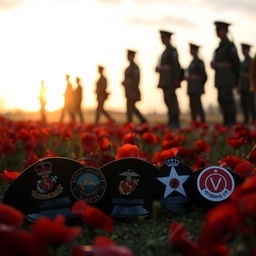 A solemn Remembrance Sunday scene in the UK, featuring red poppies that symbolize remembrance and sacrifice