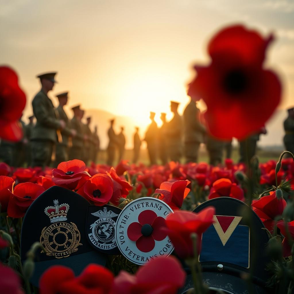 A solemn Remembrance Sunday scene in the UK, featuring red poppies that symbolize remembrance and sacrifice