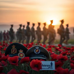 A solemn Remembrance Sunday scene in the UK, featuring red poppies that symbolize remembrance and sacrifice