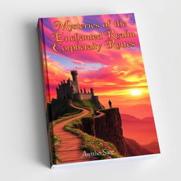 A stunning book cover design featuring a mystical landscape with a towering, ancient castle perched on a cliff overlooking a vibrant sunset
