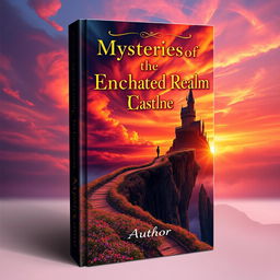 A stunning book cover design featuring a mystical landscape with a towering, ancient castle perched on a cliff overlooking a vibrant sunset