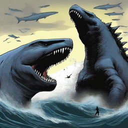 A colossal Godzilla devouring a megalodon shark.