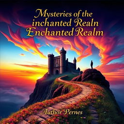 A stunning book cover design featuring a mystical landscape with a towering, ancient castle perched on a cliff overlooking a vibrant sunset