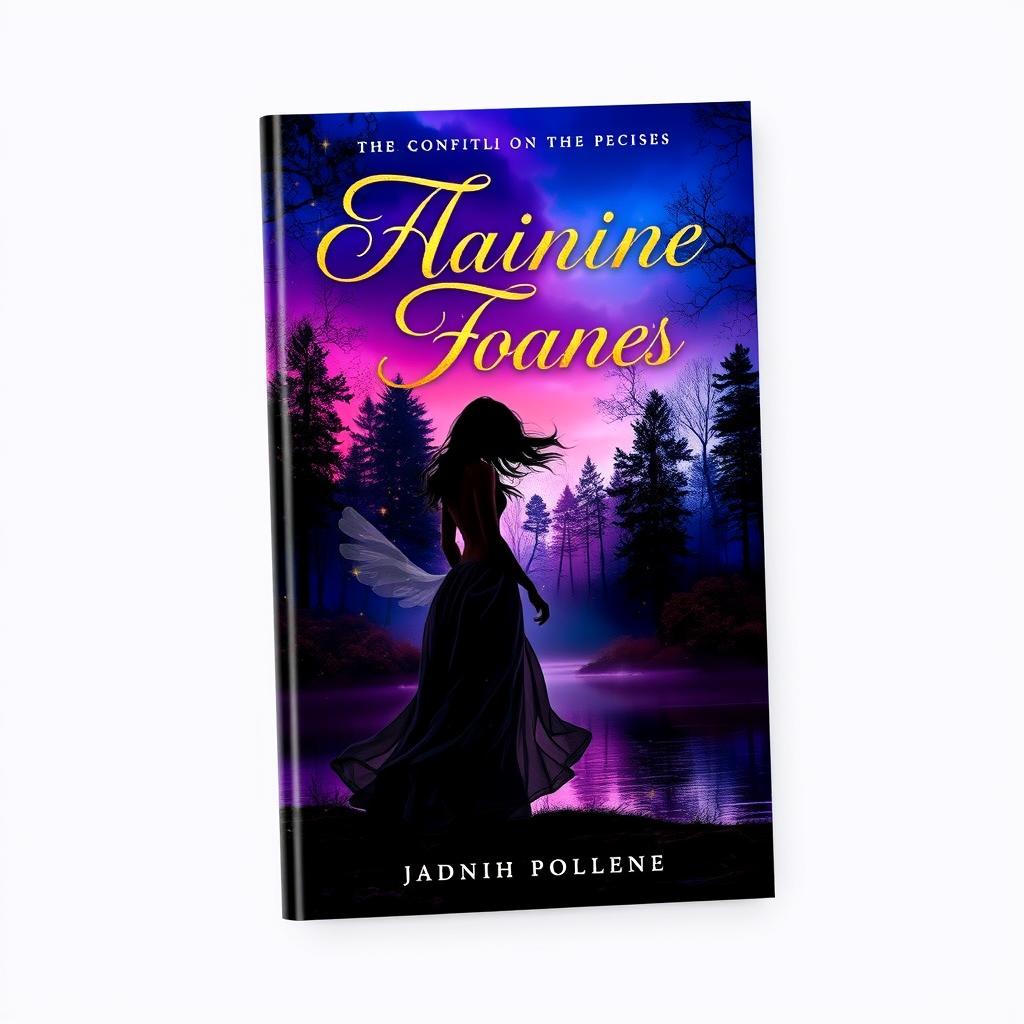 A visually striking book cover design featuring an enchanting forest scene at twilight, with vivid colors blending into deep shades of purple and blue