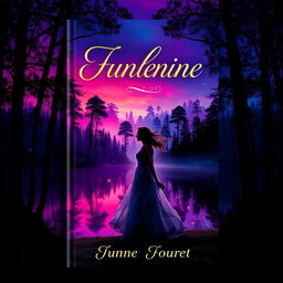 A visually striking book cover design featuring an enchanting forest scene at twilight, with vivid colors blending into deep shades of purple and blue