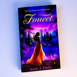 A visually striking book cover design featuring an enchanting forest scene at twilight, with vivid colors blending into deep shades of purple and blue