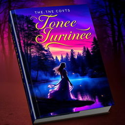 A visually striking book cover design featuring an enchanting forest scene at twilight, with vivid colors blending into deep shades of purple and blue