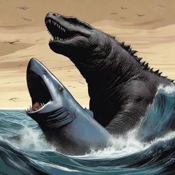 A colossal Godzilla devouring a megalodon shark.