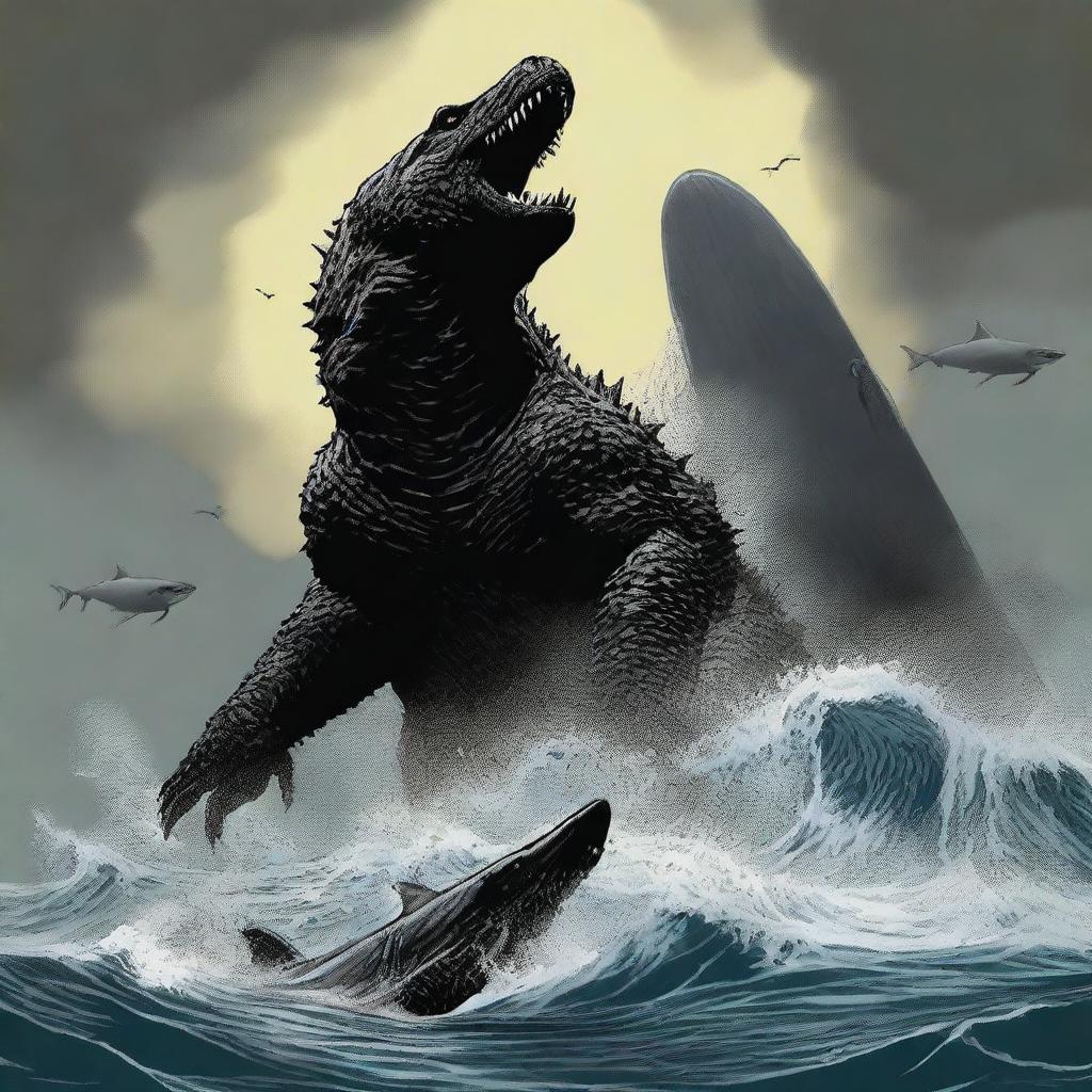 A colossal Godzilla devouring a megalodon shark.