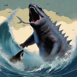 A colossal Godzilla devouring a megalodon shark.