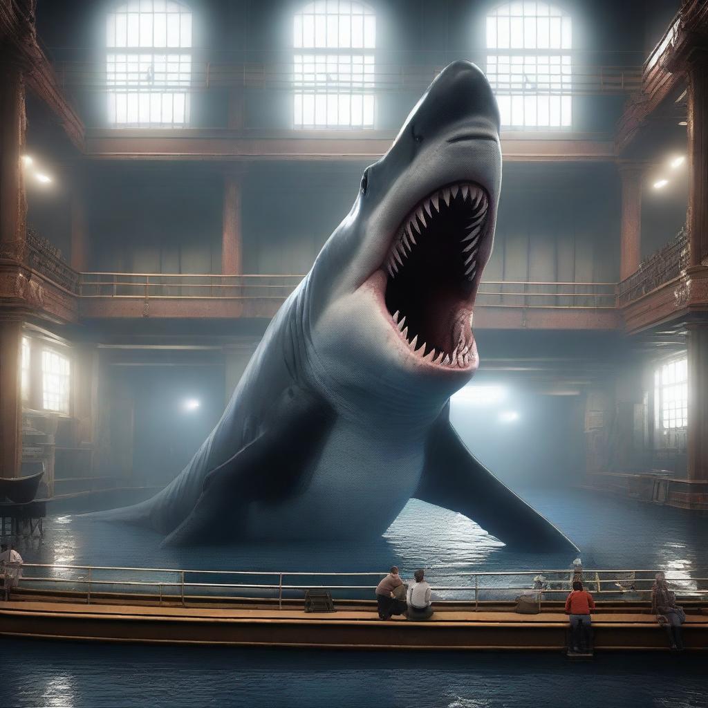 The world's largest Godzilla-like shark and an incredibly tiny Titanic, depicted in high-definition, 4K, hyper-realistic style