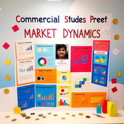 A vibrant and engaging display board for a Commercial Studies project titled 'Understanding Market Dynamics'