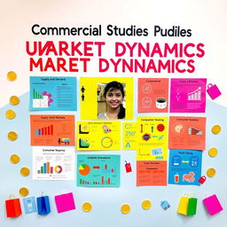 A vibrant and engaging display board for a Commercial Studies project titled 'Understanding Market Dynamics'