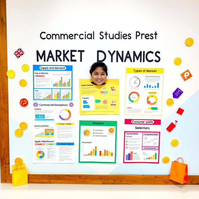 A vibrant and engaging display board for a Commercial Studies project titled 'Understanding Market Dynamics'