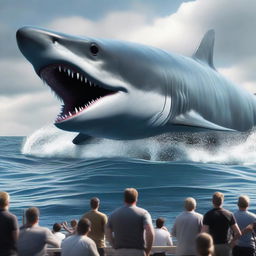 The world's largest Godzilla-like shark and an incredibly tiny Titanic, depicted in high-definition, 4K, hyper-realistic style