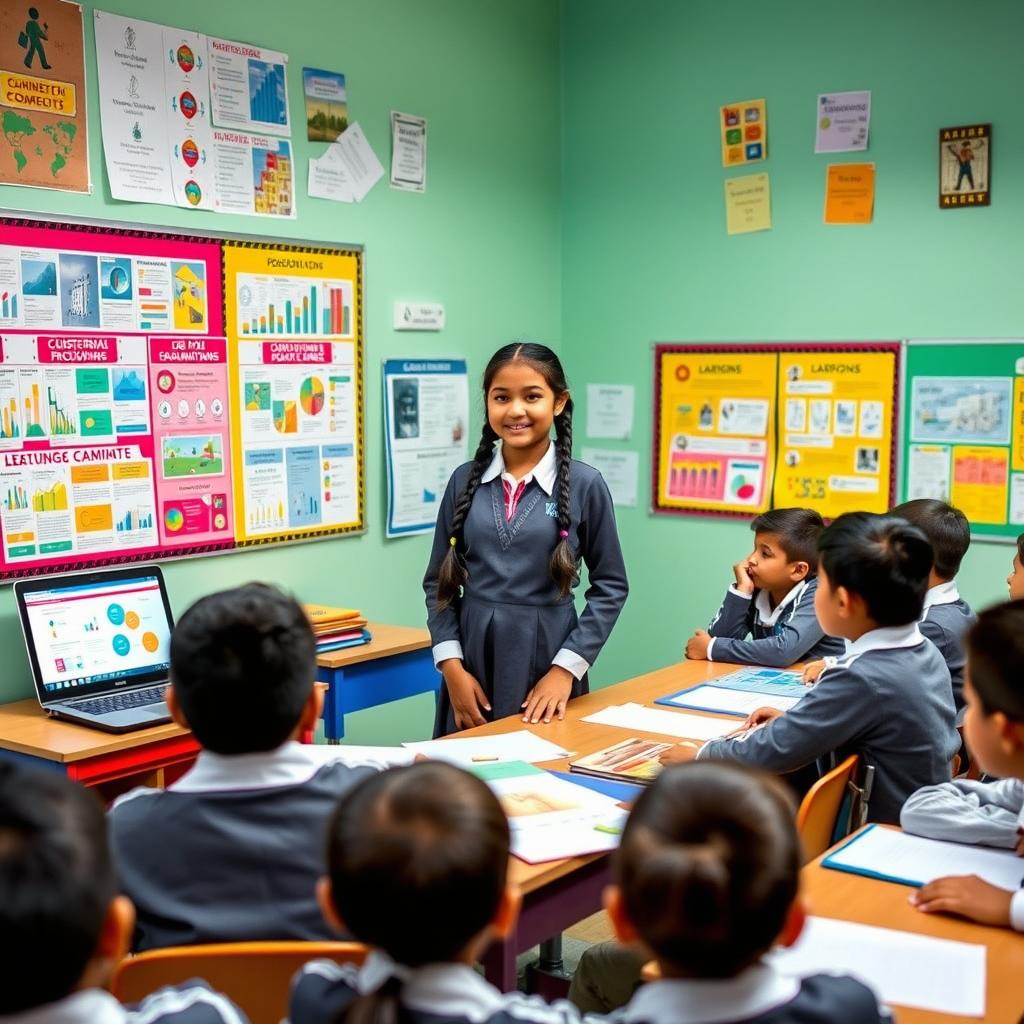 A vibrant, colorful classroom scene where a student, Yashvi Roliya, is presenting her commercial studies project
