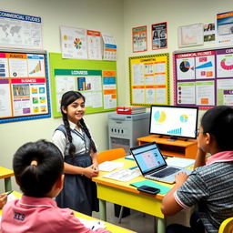 A vibrant, colorful classroom scene where a student, Yashvi Roliya, is presenting her commercial studies project