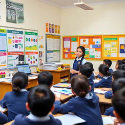 A vibrant, colorful classroom scene where a student, Yashvi Roliya, is presenting her commercial studies project