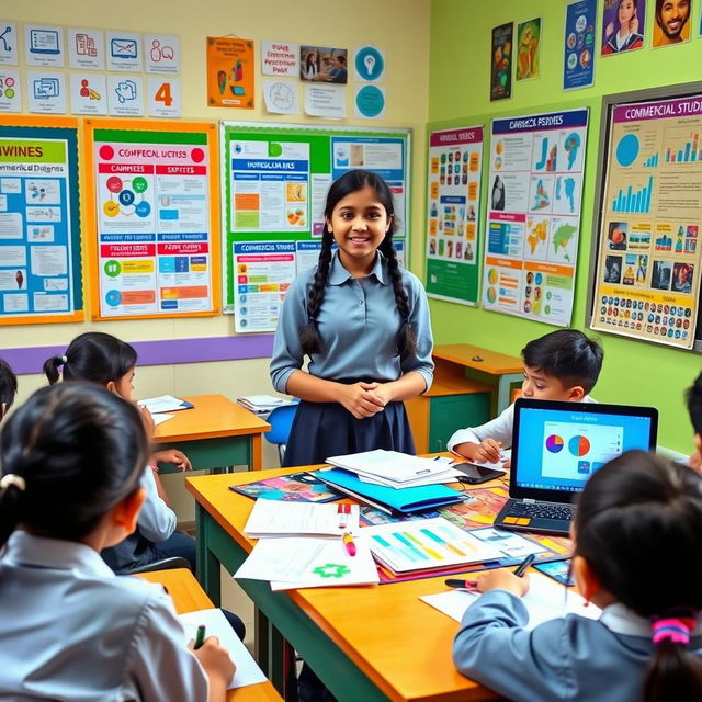 A vibrant, colorful classroom scene where a student, Yashvi Roliya, is presenting her commercial studies project