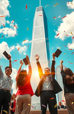 A captivating visual representation of success, featuring a diverse group of people celebrating their achievements in a vibrant cityscape