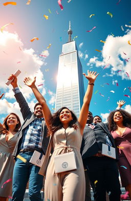 A captivating visual representation of success, featuring a diverse group of people celebrating their achievements in a vibrant cityscape