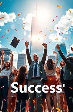 A captivating visual representation of success, featuring a diverse group of people celebrating their achievements in a vibrant cityscape