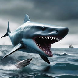 The world's largest Godzilla-like shark devouring an incredibly small shark, in a hyper-realistic style.