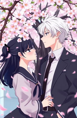 A romantic scene set in Tokyo under a blooming sakura tree, featuring two characters, Takashi and Suiren, engaged in an intimate moment