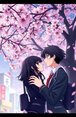 A romantic scene set in Tokyo under a blooming sakura tree, featuring two characters, Takashi and Suiren, engaged in an intimate moment