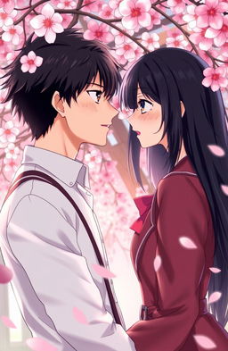 A romantic scene set in Tokyo under a blooming sakura tree, featuring two characters, Takashi and Suiren, engaged in an intimate moment