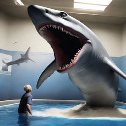 The world's largest Godzilla-like shark devouring an incredibly small shark, in a hyper-realistic style.