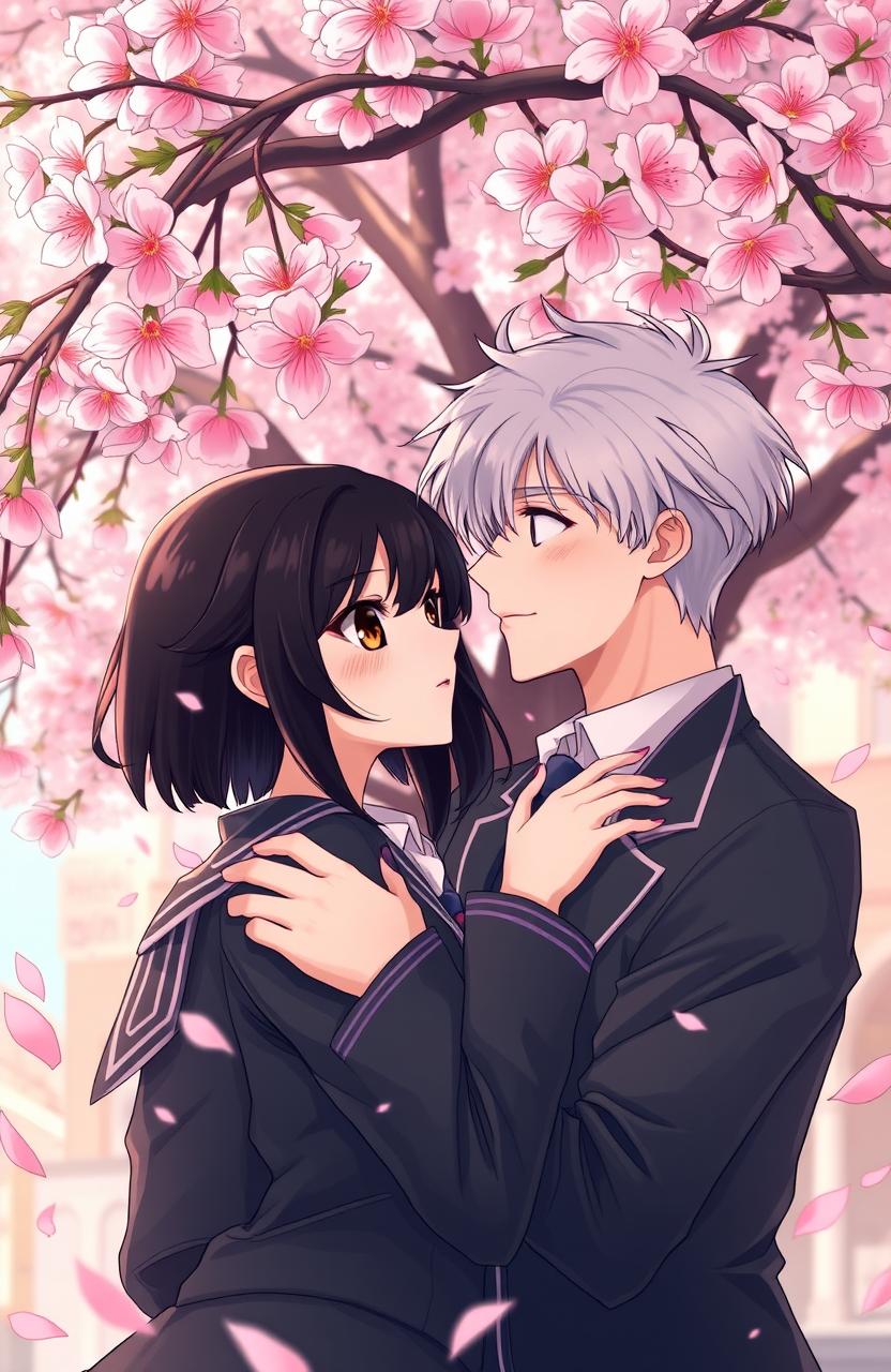 A romantic scene set in Tokyo under a blooming sakura tree, featuring two characters, Takashi and Suiren, engaged in an intimate moment