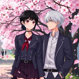A romantic scene set in Tokyo, where Takashi and Suiren are walking on a footpath under a beautiful sakura tree